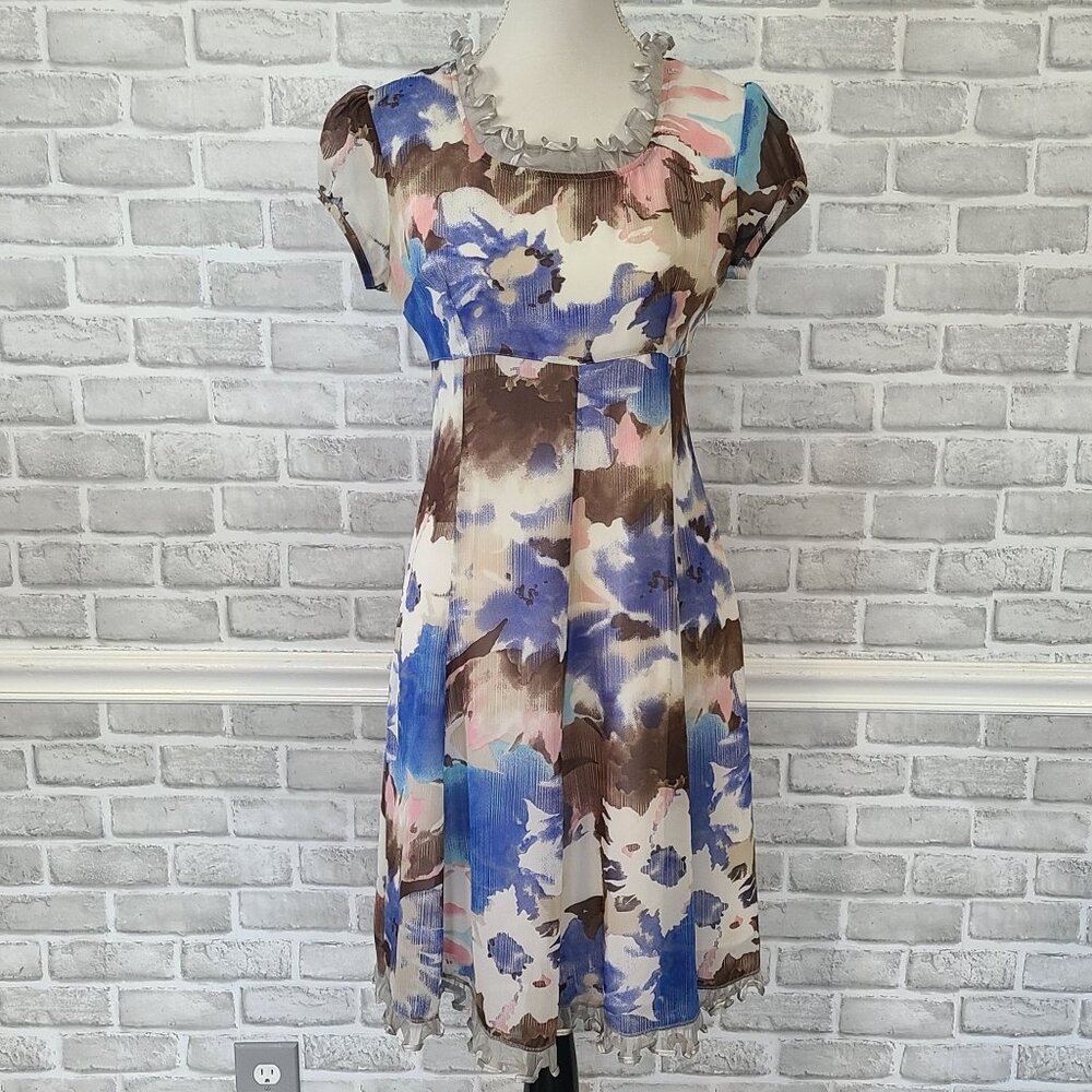 Vintage Fit and Flare Rockabilly Dress Lettuce Edge Ruffle Abstract Print Empire